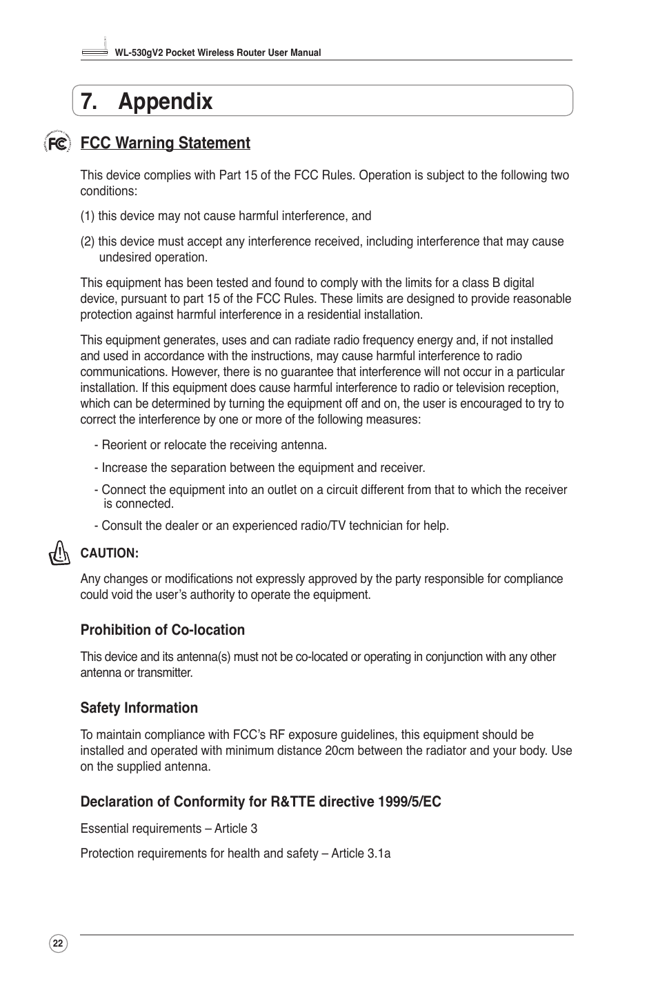 Appendix, Fcc warning statement | Asus WL-530g V2 User Manual | Page 24 / 30