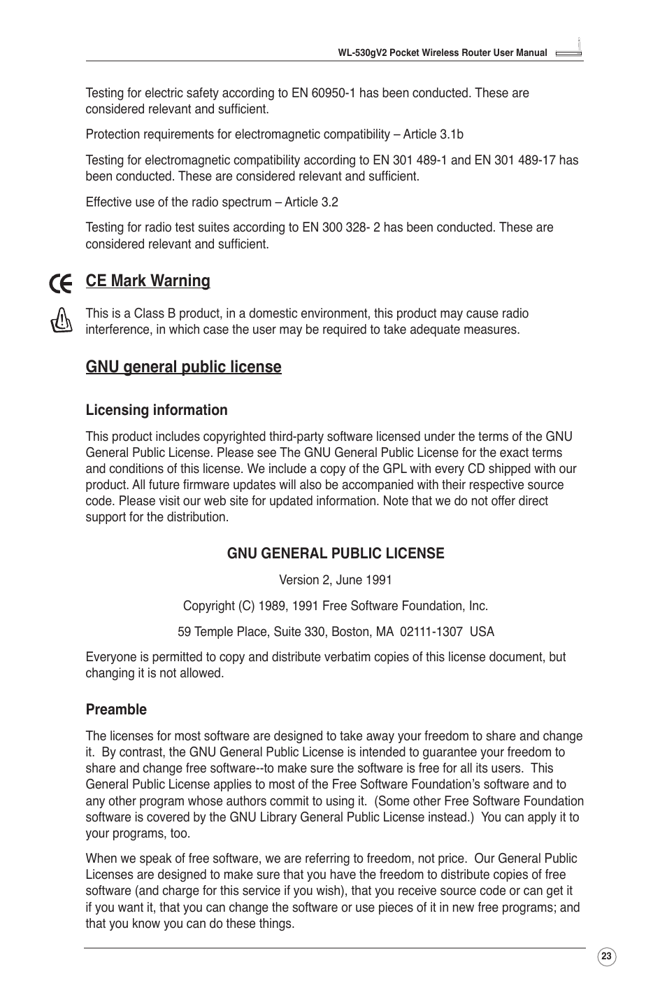 Ce mark warning, Gnu general public license | Asus WL-530g V2 User Manual | Page 25 / 30