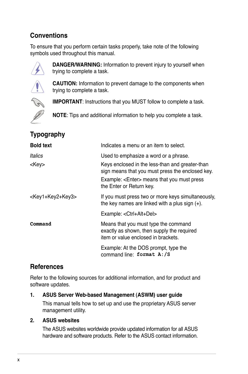 References, Conventions, Typography | Asus RS720-E7/RS12 User Manual | Page 10 / 188