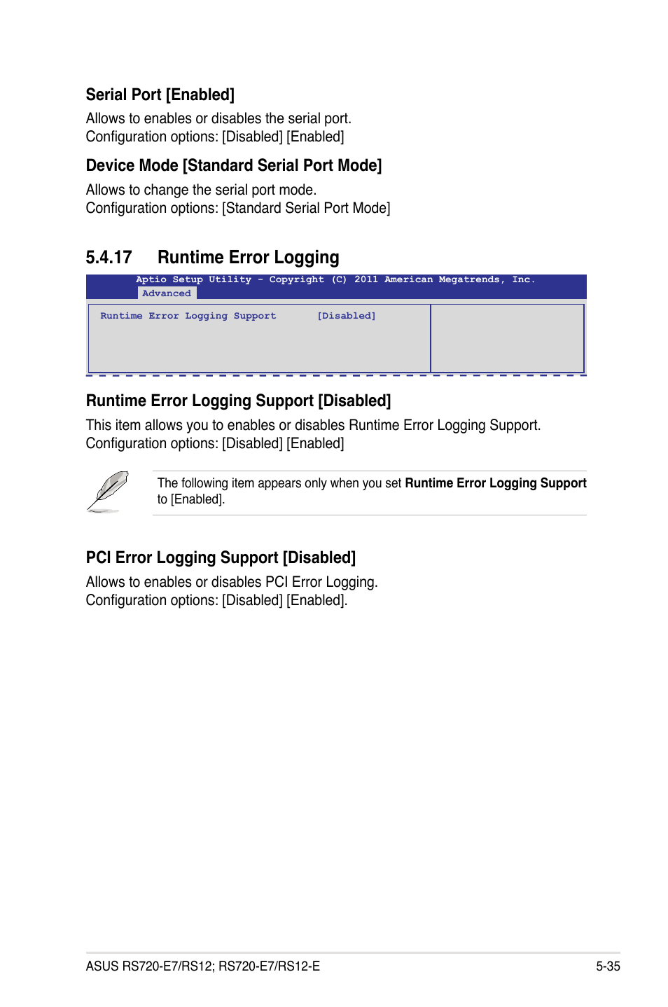 17 runtime error logging, 17 runtime error logging -35, Runtime error logging support [disabled | Serial port [enabled, Device mode [standard serial port mode, Pci error logging support [disabled | Asus RS720-E7/RS12 User Manual | Page 101 / 188