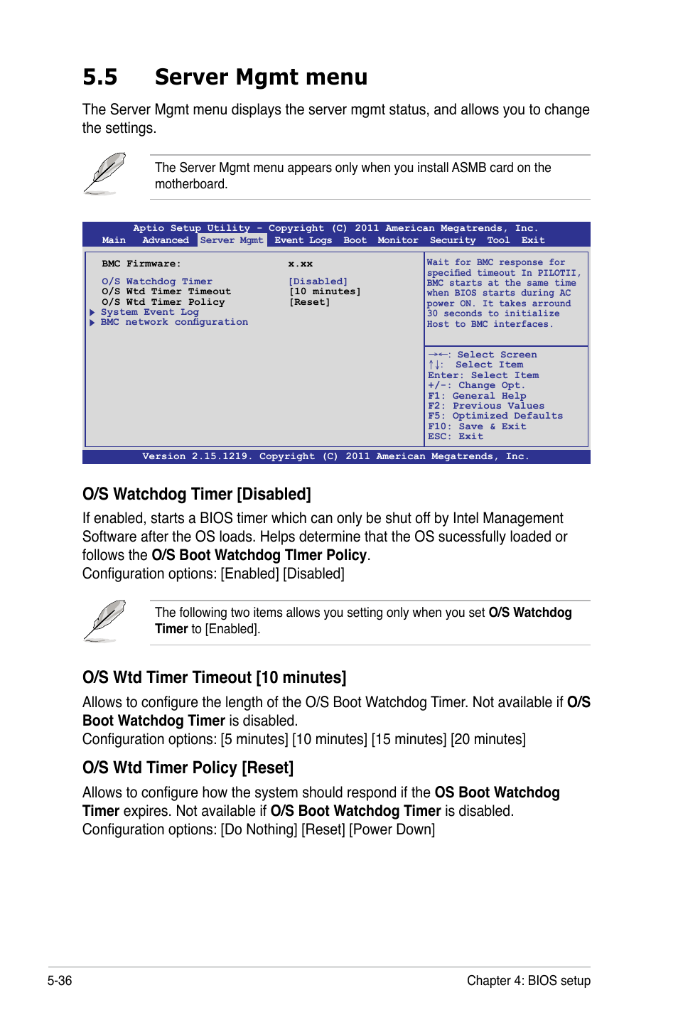 5 server mgmt menu, Server mgmt menu -36, O/s watchdog timer [disabled | O/s wtd timer timeout [10 minutes, O/s wtd timer policy [reset | Asus RS720-E7/RS12 User Manual | Page 102 / 188