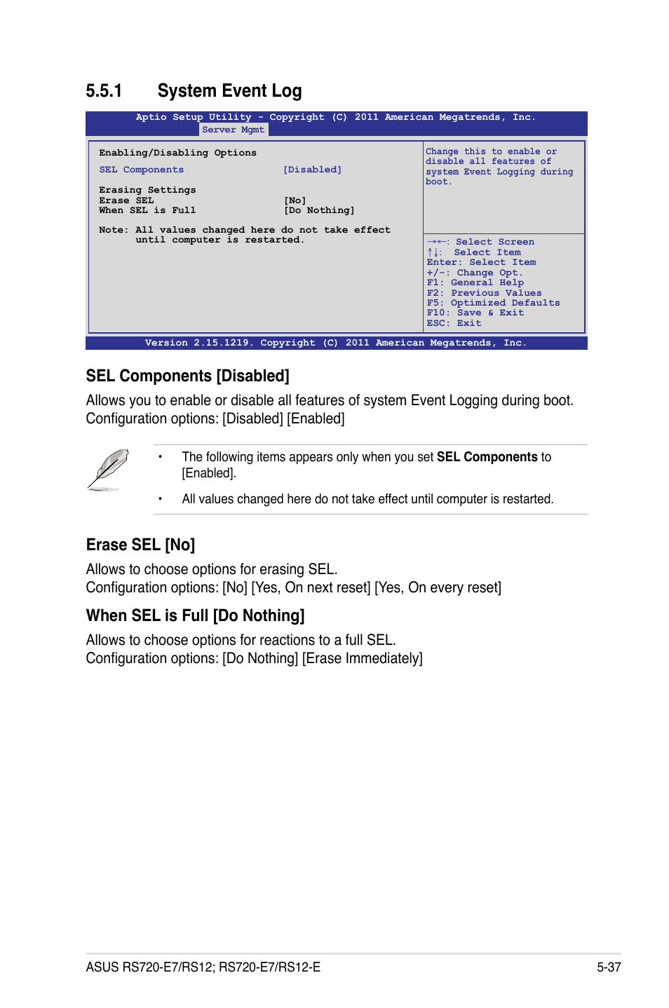 1 system event log, System event log -37, Sel components [disabled | Erase sel [no, When sel is full [do nothing | Asus RS720-E7/RS12 User Manual | Page 103 / 188