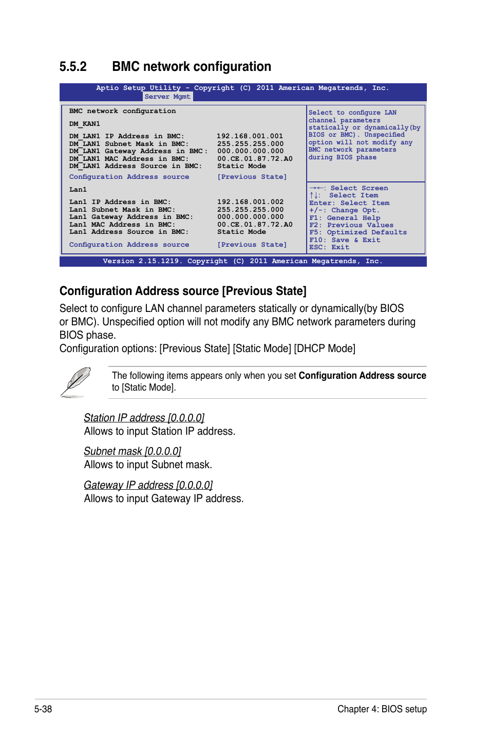 2 bmc network configuration, Bmc network configuration -38, Configuration address source [previous state | Asus RS720-E7/RS12 User Manual | Page 104 / 188