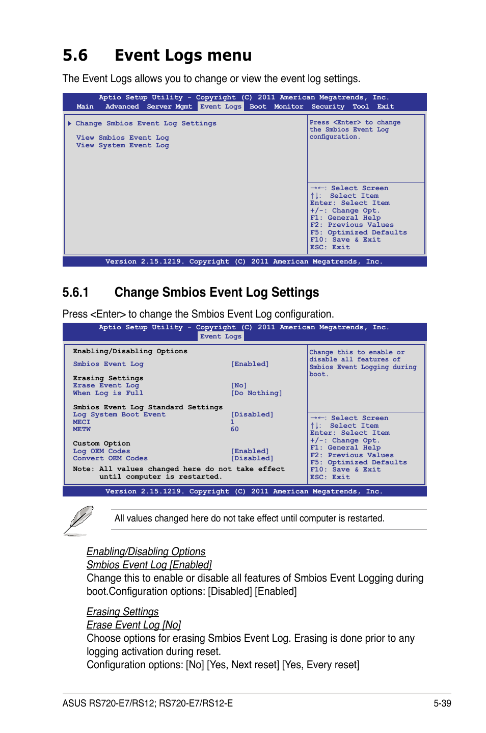 6 event logs menu, 1 change smbios event log settings, Event logs menu -39 5.6.1 | Change smbios event log settings -39 | Asus RS720-E7/RS12 User Manual | Page 105 / 188