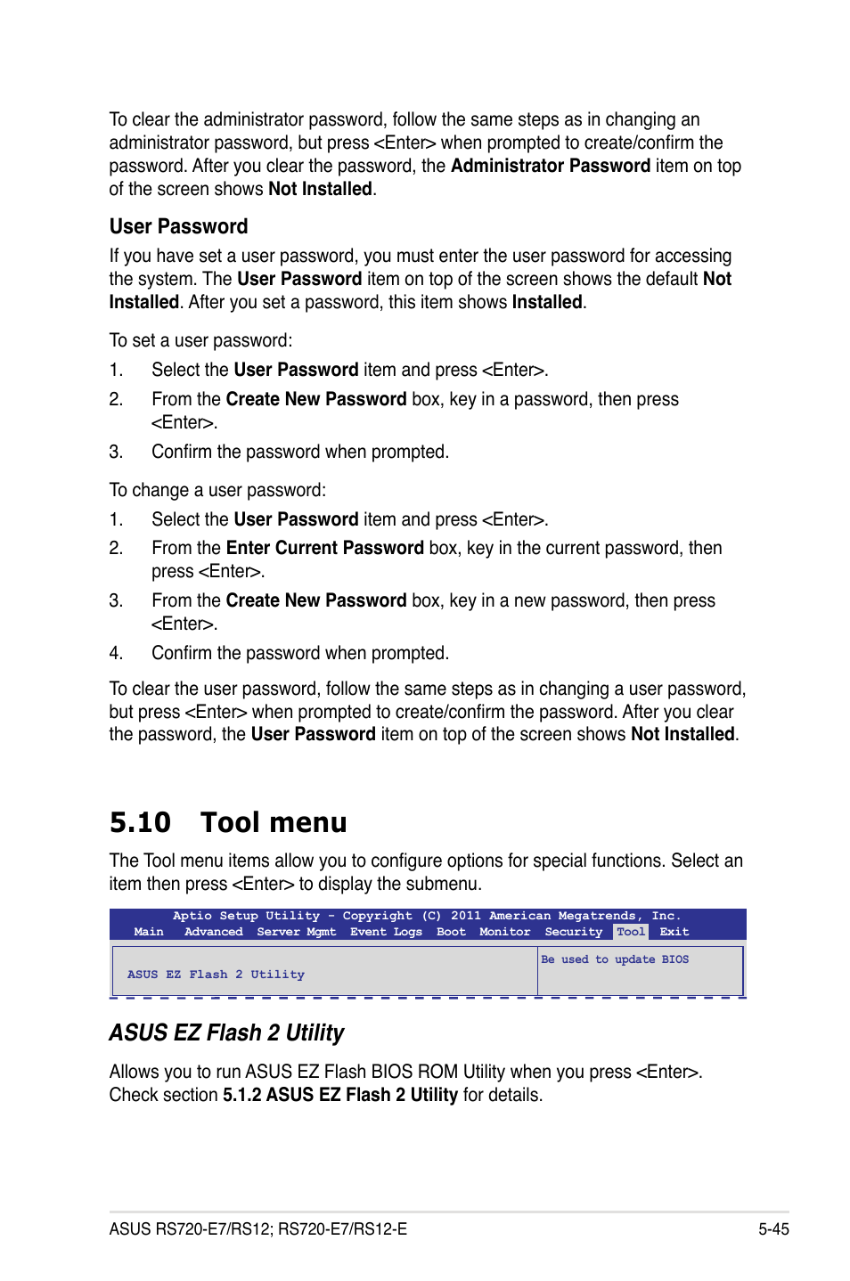 10 tool menu, 10 tool menu -45, Asus ez flash 2 utility | User password | Asus RS720-E7/RS12 User Manual | Page 111 / 188