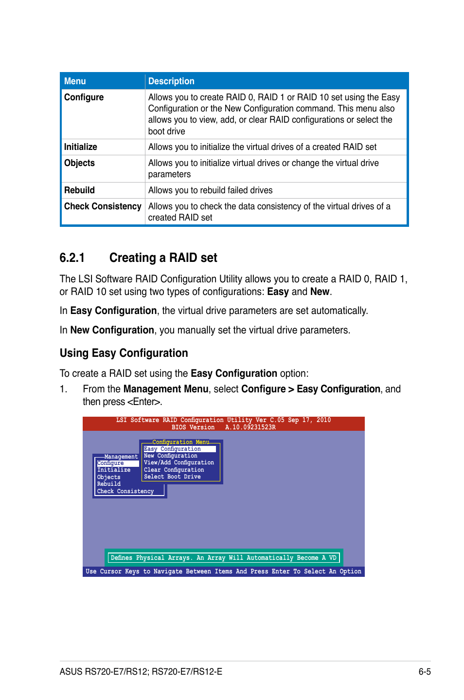 1 creating a raid set, Creating a raid set -5, Using easy configuration | Asus RS720-E7/RS12 User Manual | Page 119 / 188