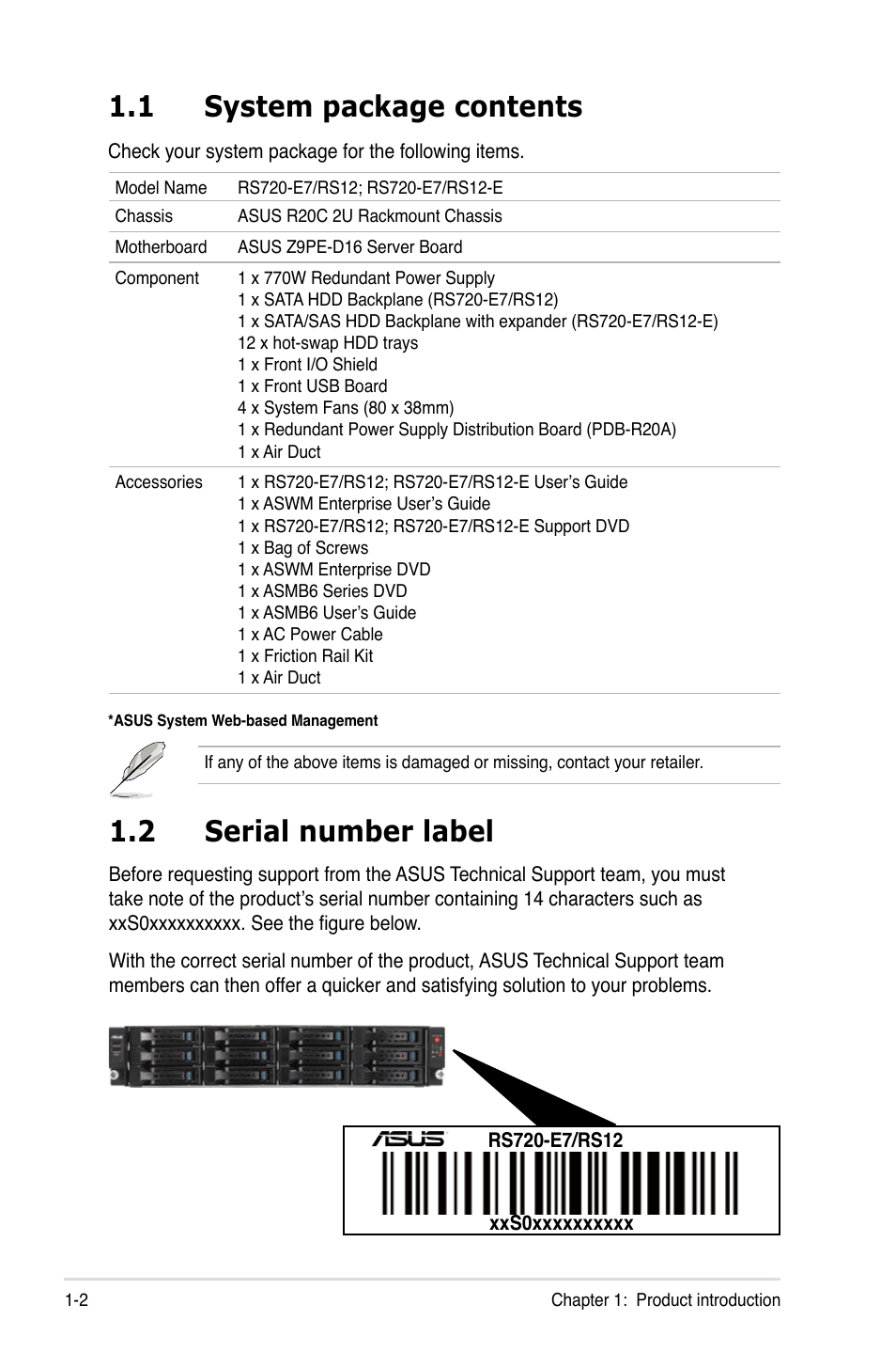 1 system package contents, 2 serial number label, System package contents -2 | Serial number label -2 | Asus RS720-E7/RS12 User Manual | Page 12 / 188