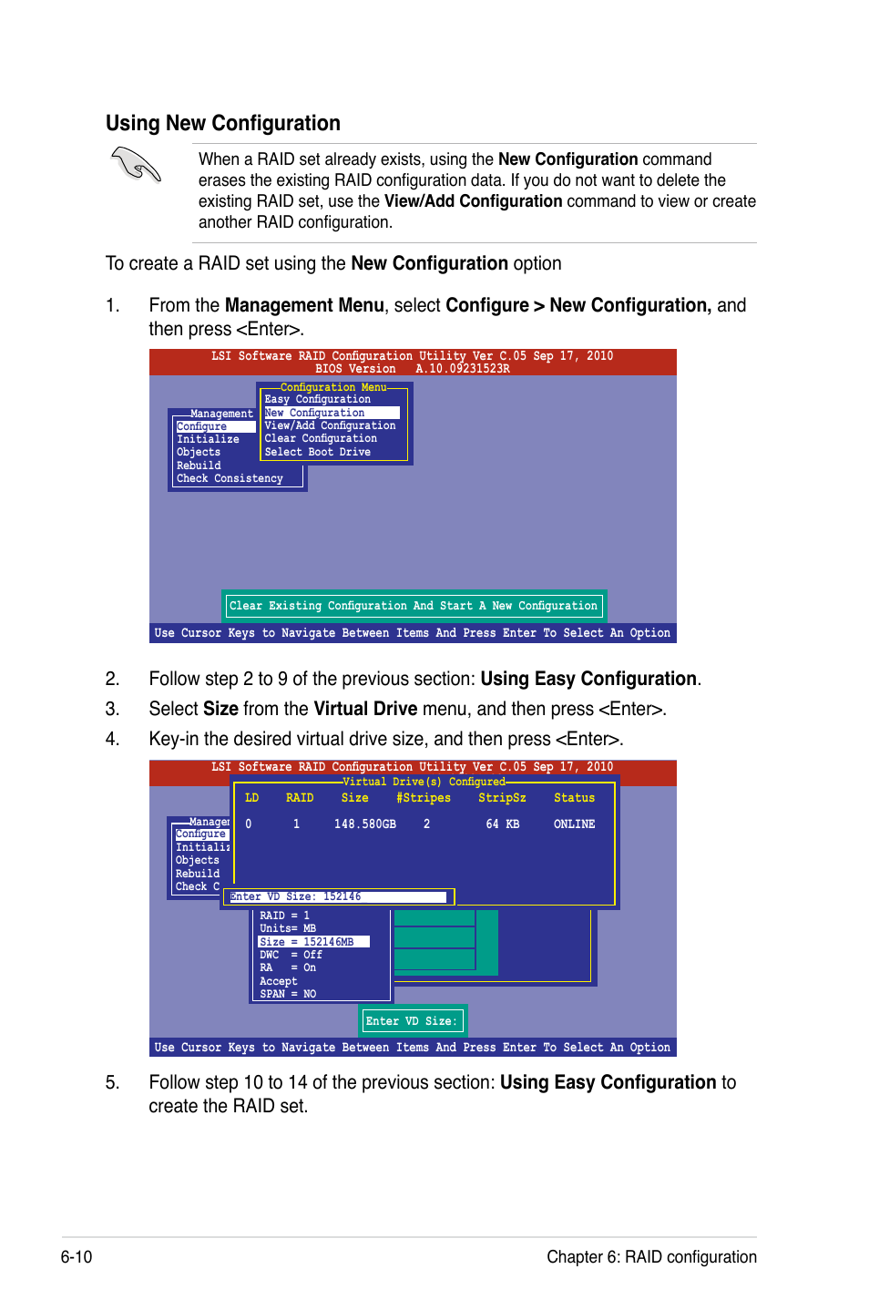 Using new configuration, 10 chapter 6: raid configuration | Asus RS720-E7/RS12 User Manual | Page 124 / 188