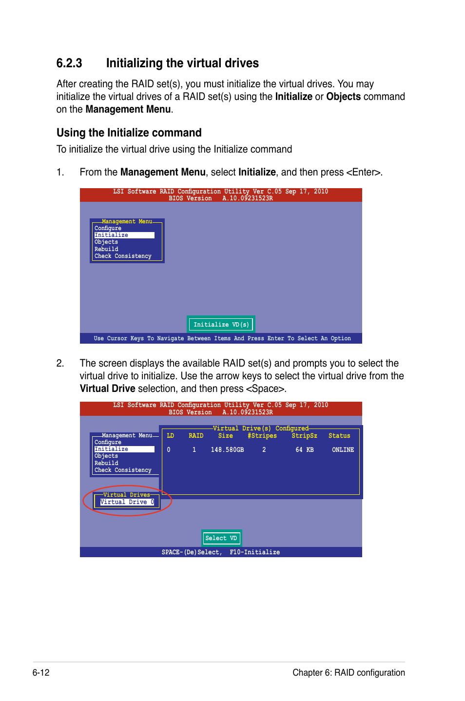 3 initializing the virtual drives, Initializing the virtual drives -12, Using the initialize command | Asus RS720-E7/RS12 User Manual | Page 126 / 188