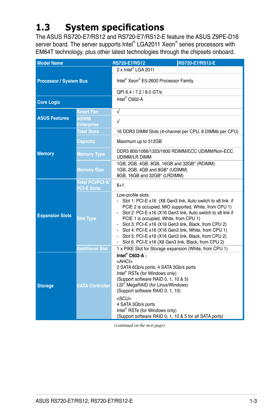 3 system specifications, System specifications -3, Lga2011 xeon | Asus RS720-E7/RS12 User Manual | Page 13 / 188