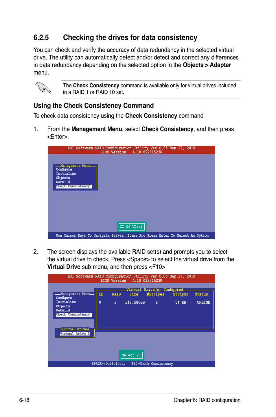 5 checking the drives for data consistency, Checking the drives for data consistency -18, Using the check consistency command | Asus RS720-E7/RS12 User Manual | Page 132 / 188