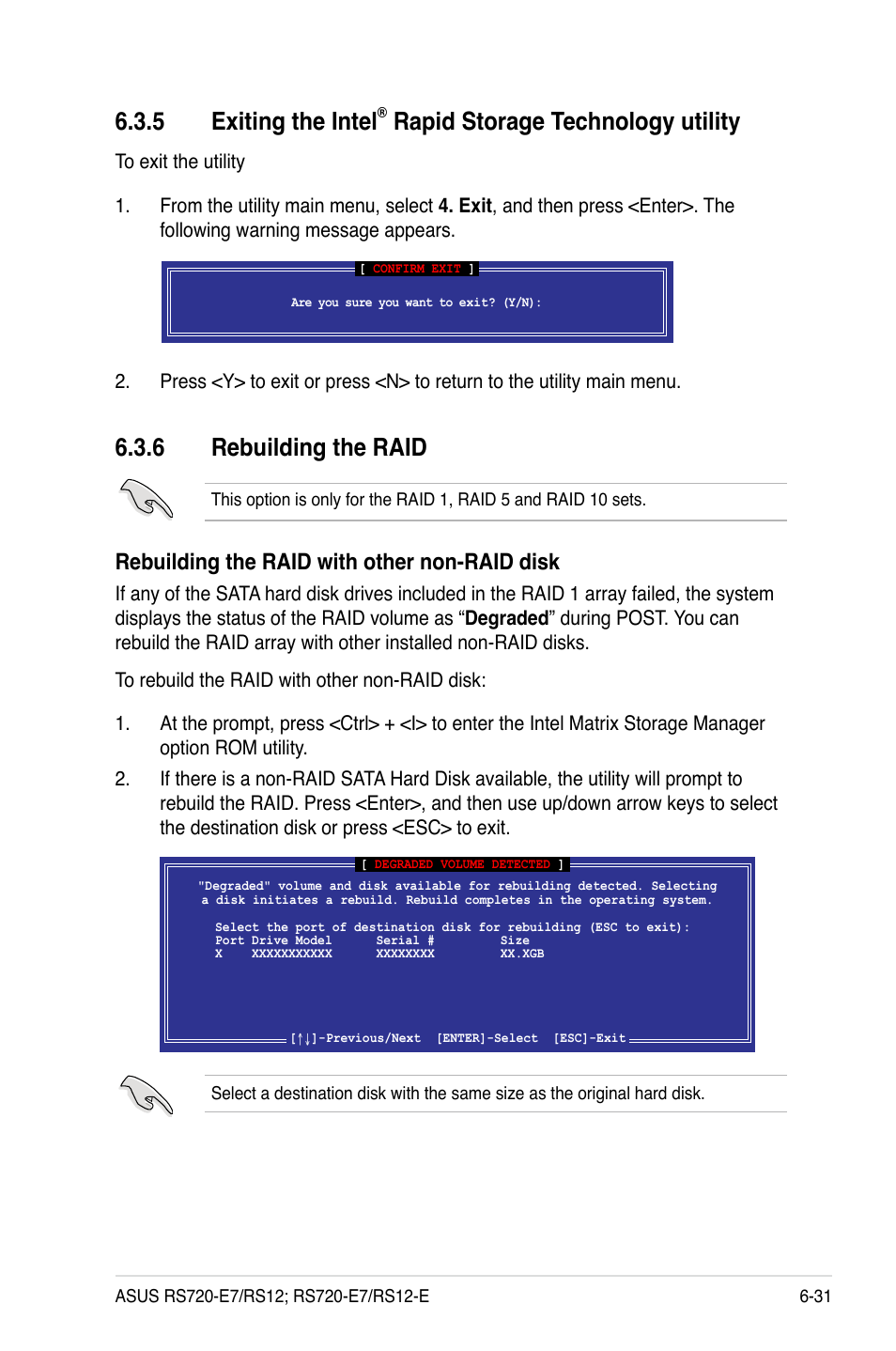 6 rebuilding the raid, Exiting the intel, Rapid storage technology utility -31 | Rebuilding the raid -31, 5 exiting the intel, Rapid storage technology utility, Rebuilding the raid with other non-raid disk | Asus RS720-E7/RS12 User Manual | Page 145 / 188