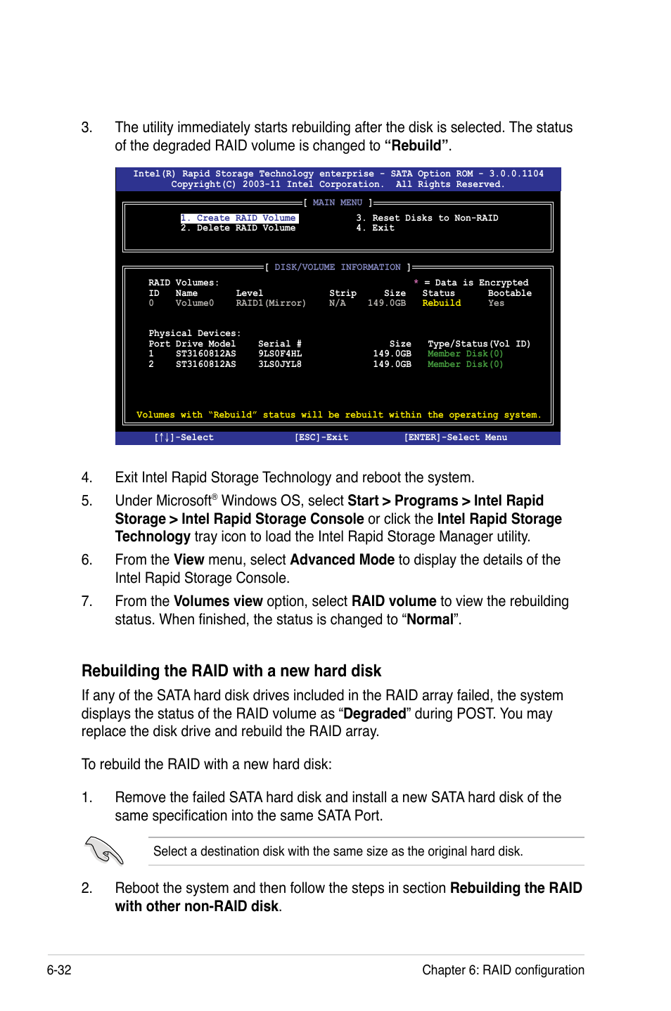 Rebuilding the raid with a new hard disk | Asus RS720-E7/RS12 User Manual | Page 146 / 188