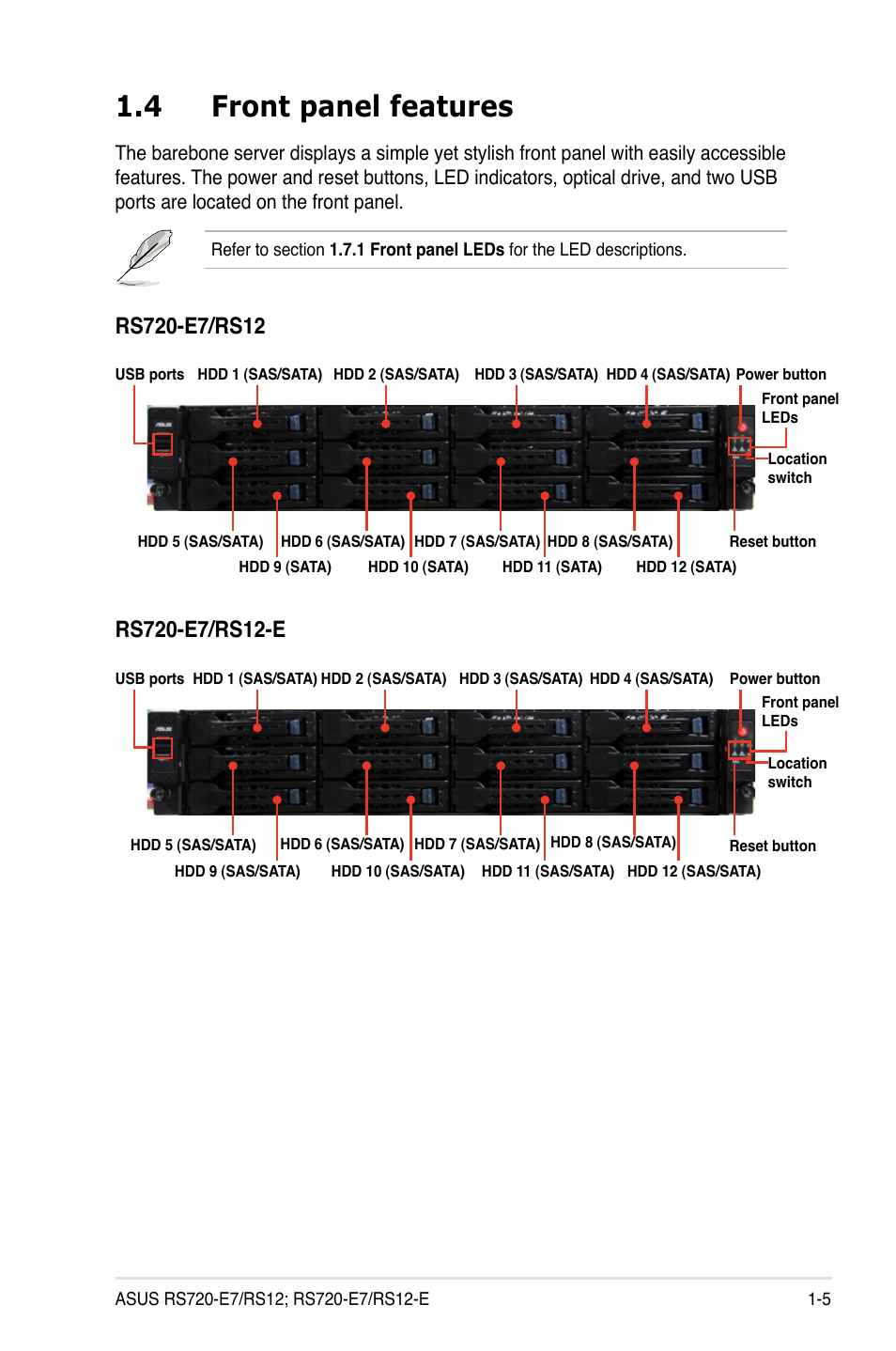 4 front panel features, Front panel features -5 | Asus RS720-E7/RS12 User Manual | Page 15 / 188