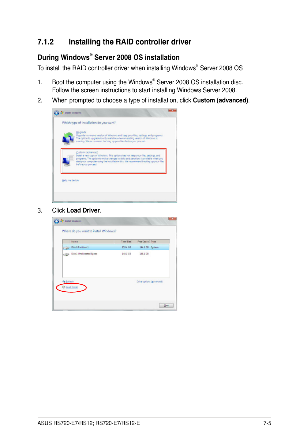 2 installing the raid controller driver, Installing the raid controller driver -5, During windows | Server 2008 os installation | Asus RS720-E7/RS12 User Manual | Page 159 / 188