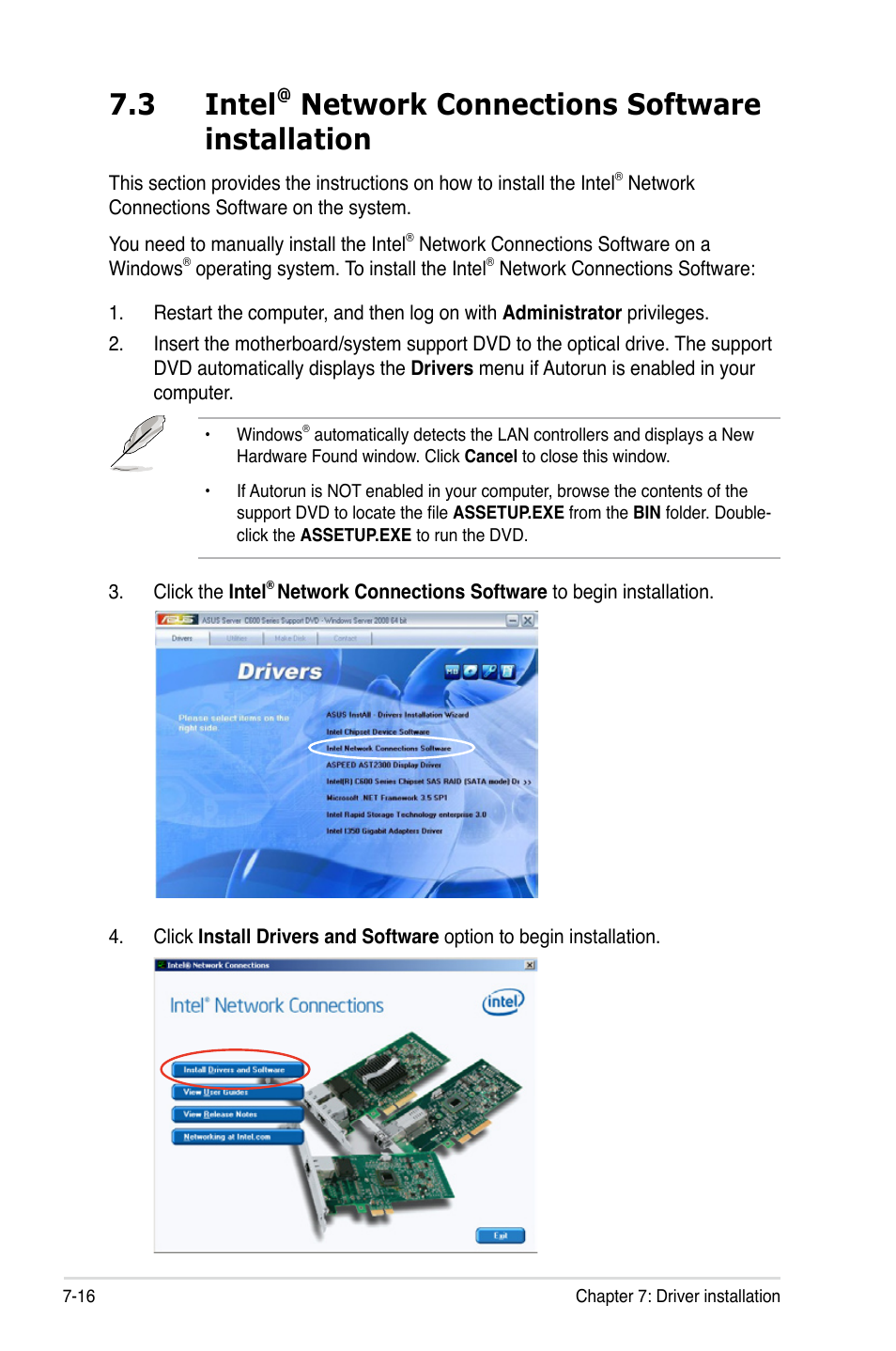 Intel, Network connections software installation -16, 3 intel | Network connections software installation | Asus RS720-E7/RS12 User Manual | Page 170 / 188