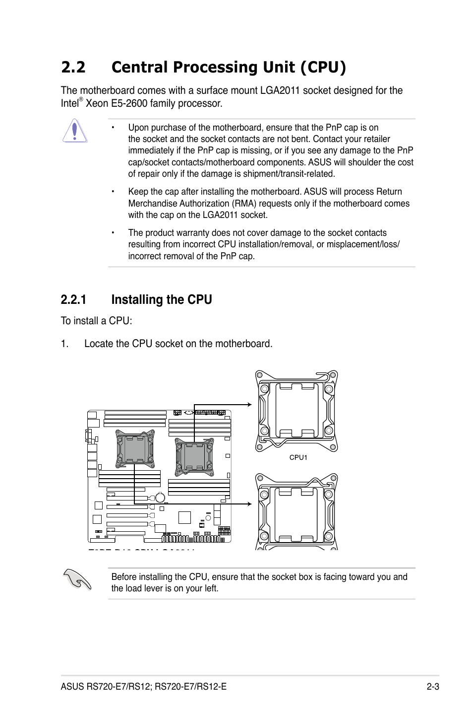 2 central processing unit (cpu), 1 installing the cpu, Central processing unit (cpu) -3 2.2.1 | Installing the cpu -3 | Asus RS720-E7/RS12 User Manual | Page 23 / 188