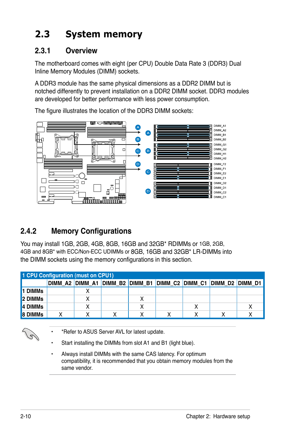 2 memory configurations, 3 system memory, 1 overview | Memory configurations -10, System memory -10 2.3.1, Overview -10 | Asus RS720-E7/RS12 User Manual | Page 30 / 188