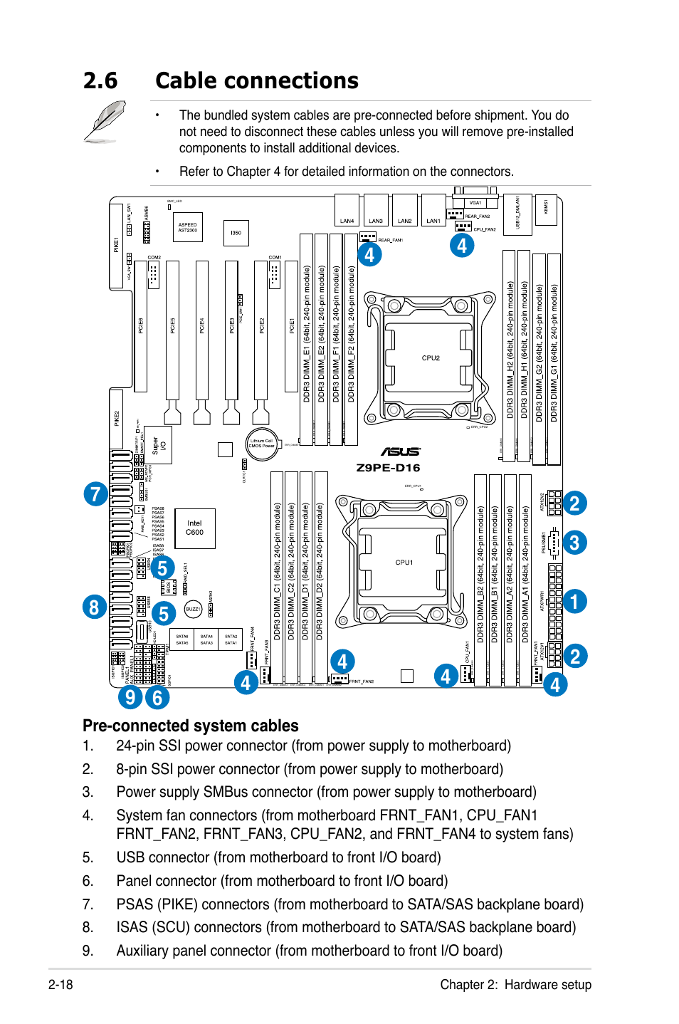 6 cable connections, Cable connections -18, Pre-connected system cables | Asus RS720-E7/RS12 User Manual | Page 38 / 188