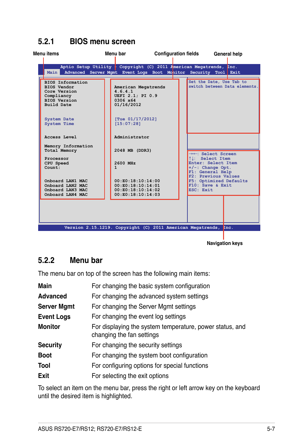 1 bios menu screen, 2 menu bar, Bios menu screen -7 | Menu bar -7 | Asus RS720-E7/RS12 User Manual | Page 73 / 188