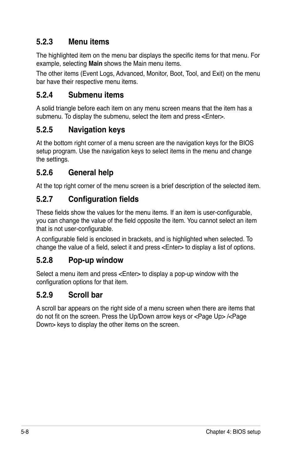 3 menu items, 4 submenu items, 5 navigation keys | 6 general help, 7 configuration fields, 8 pop-up window, 9 scroll bar, Menu items -8, Submenu items -8, Navigation keys -8 | Asus RS720-E7/RS12 User Manual | Page 74 / 188