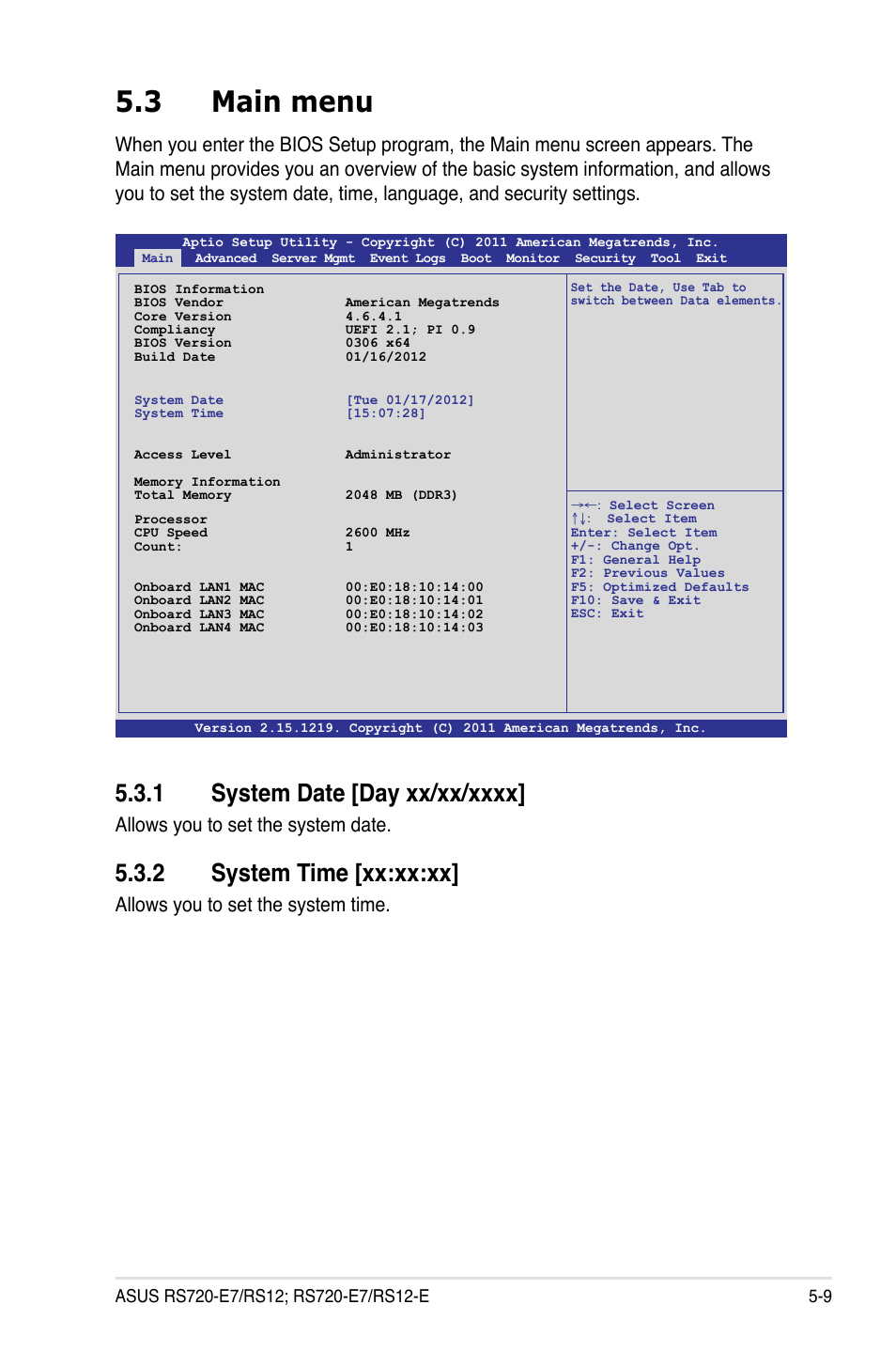 3 main menu, 1 system date [day xx/xx/xxxx, 2 system time [xx:xx:xx | Main menu -9 5.3.1, System date [day xx/xx/xxxx] -9, System time [xx:xx:xx] -9, Allows you to set the system date, Allows you to set the system time | Asus RS720-E7/RS12 User Manual | Page 75 / 188