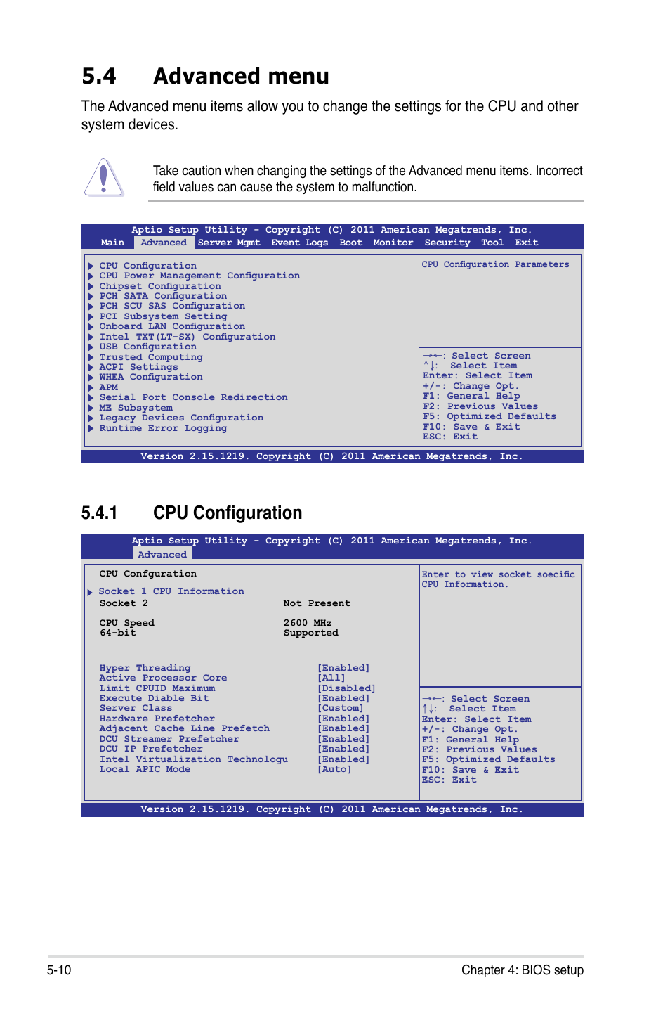 4 advanced menu, 1 cpu configuration, Advanced menu -10 5.4.1 | Cpu configuration -10, 10 chapter 4: bios setup | Asus RS720-E7/RS12 User Manual | Page 76 / 188