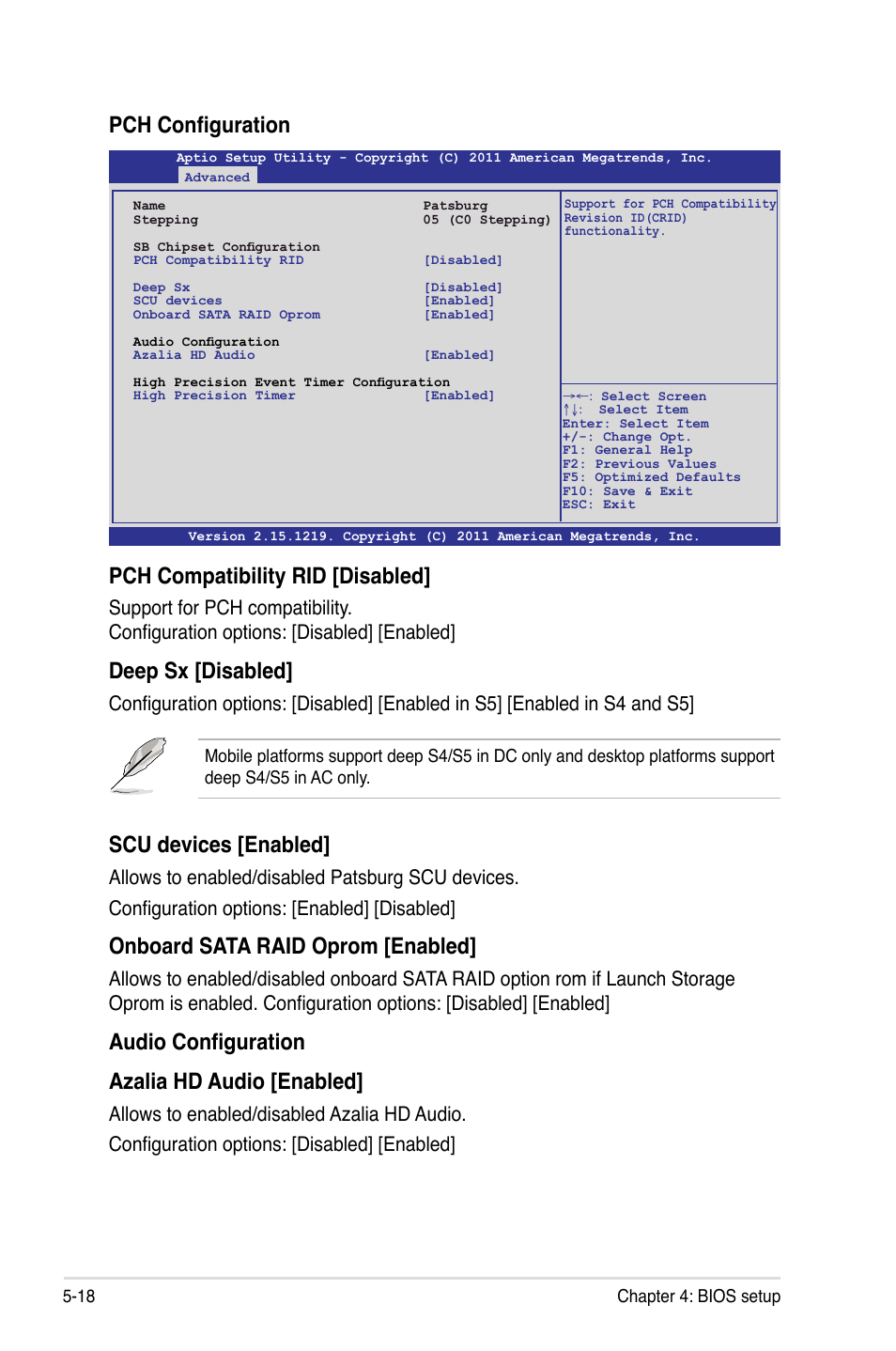 Pch configuration pch compatibility rid [disabled, Deep sx [disabled, Scu devices [enabled | Onboard sata raid oprom [enabled, Audio configuration azalia hd audio [enabled | Asus RS720-E7/RS12 User Manual | Page 84 / 188