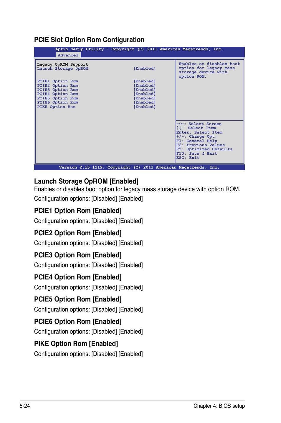 Pcie slot option rom configuration, Launch storage oprom [enabled, Pcie1 option rom [enabled | Pcie2 option rom [enabled, Pcie3 option rom [enabled, Pcie4 option rom [enabled, Pcie5 option rom [enabled, Pcie6 option rom [enabled, Pike option rom [enabled, Configuration options: [disabled] [enabled | Asus RS720-E7/RS12 User Manual | Page 90 / 188