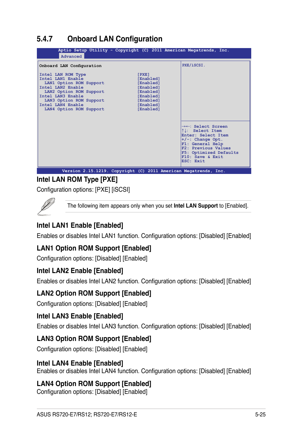 7 onboard lan configuration, Onboard lan configuration -25, Intel lan1 enable [enabled | Lan1 option rom support [enabled, Intel lan2 enable [enabled, Lan2 option rom support [enabled, Intel lan3 enable [enabled, Lan3 option rom support [enabled, Intel lan rom type [pxe, Intel lan4 enable [enabled | Asus RS720-E7/RS12 User Manual | Page 91 / 188