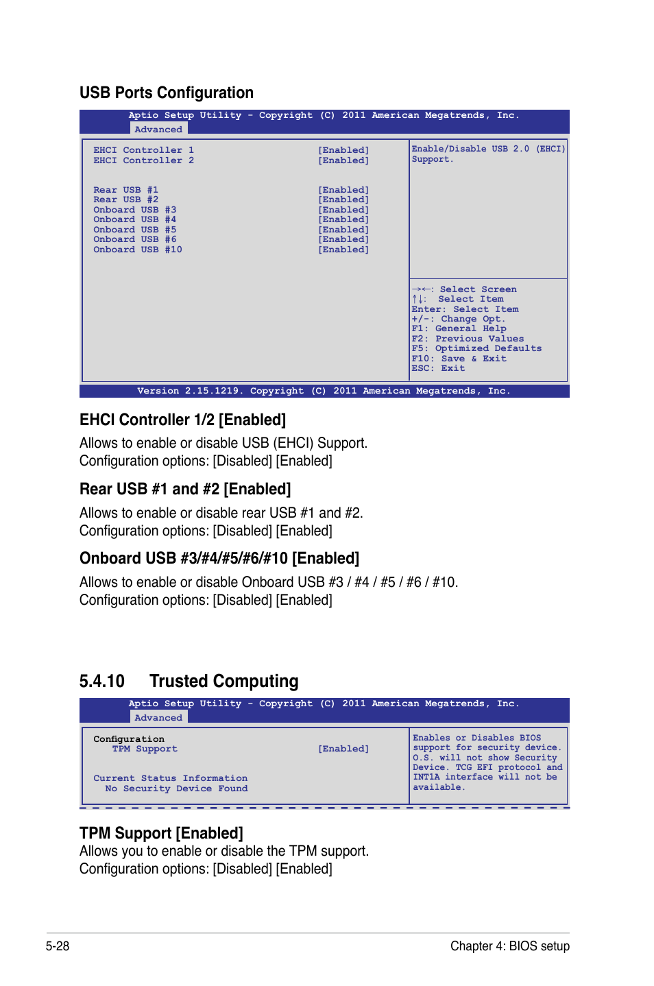 10 trusted computing, 10 trusted computing -28, Usb ports configuration | Tpm support [enabled, Ehci controller 1/2 [enabled, Rear usb #1 and #2 [enabled, 28 chapter 4: bios setup | Asus RS720-E7/RS12 User Manual | Page 94 / 188