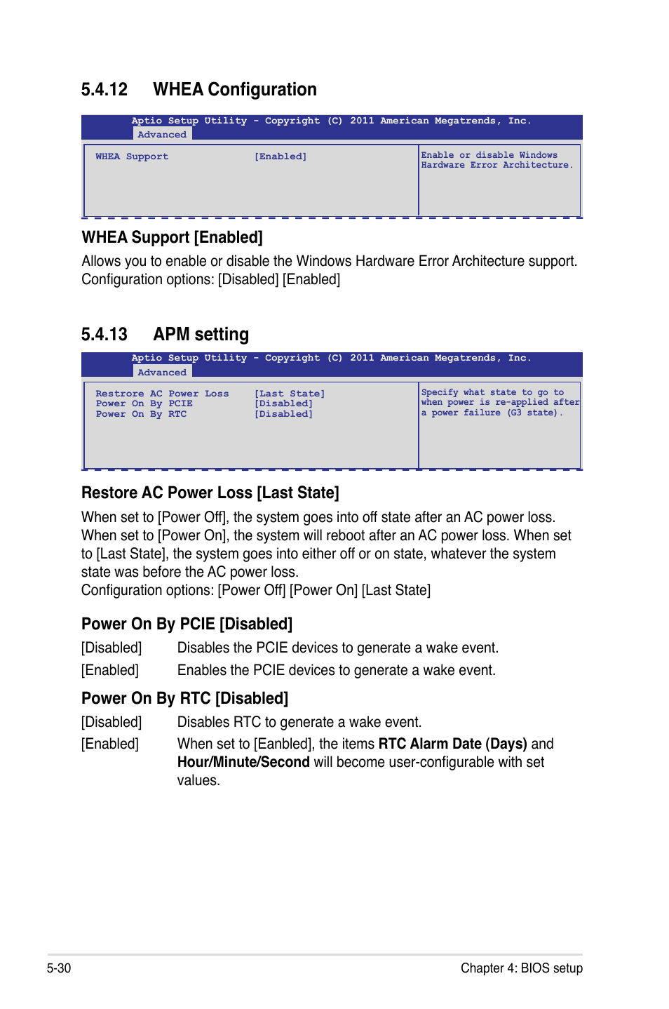 12 whea configuration, 13 apm setting, 12 whea configuration -30 5.4.13 apm setting -30 | Whea support [enabled, Restore ac power loss [last state, Power on by pcie [disabled, Power on by rtc [disabled | Asus RS720-E7/RS12 User Manual | Page 96 / 188