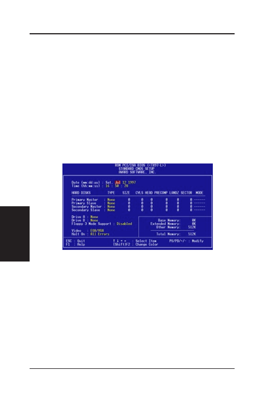 Iv. bios software, Standard cmos setup | Asus TX97-L User Manual | Page 38 / 64