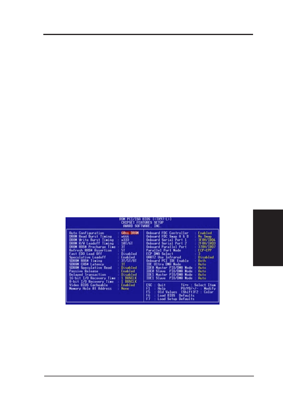 Iv. bios software, Chipset features setup | Asus TX97-L User Manual | Page 43 / 64