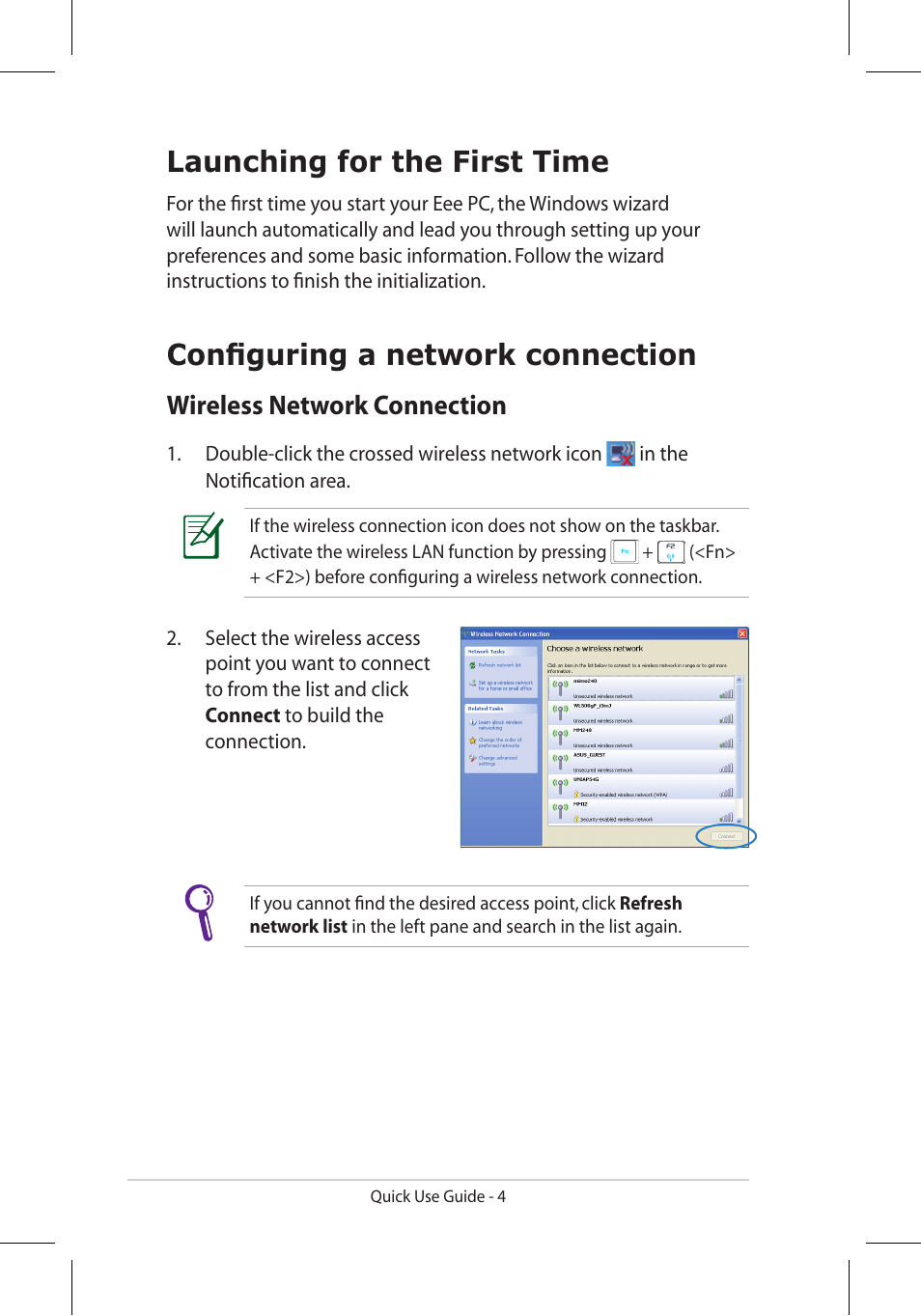 Launching for the first time, Configuring a network connection, Wireless network connection | Asus Eee PC 701SD/XP User Manual | Page 4 / 8