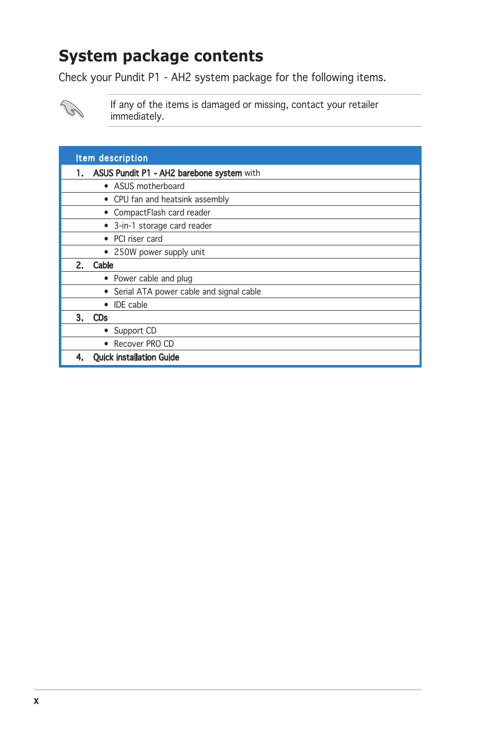 System package contents | Asus P1-AH2 User Manual | Page 10 / 93