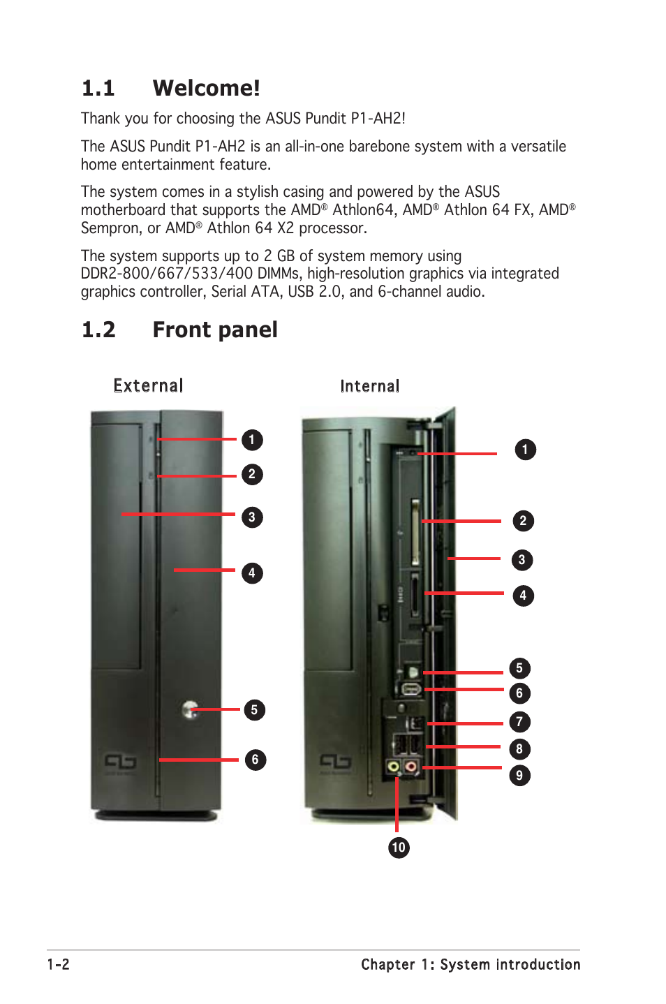 1 welcome, 2 front panel, External | Asus P1-AH2 User Manual | Page 12 / 93