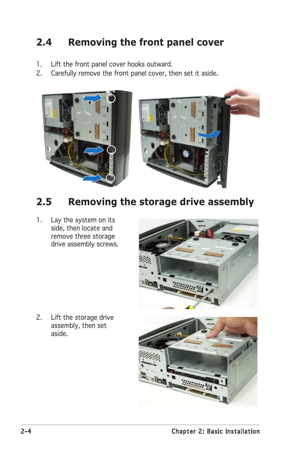 4 removing the front panel cover, 5 removing the storage drive assembly | Asus P1-AH2 User Manual | Page 20 / 93