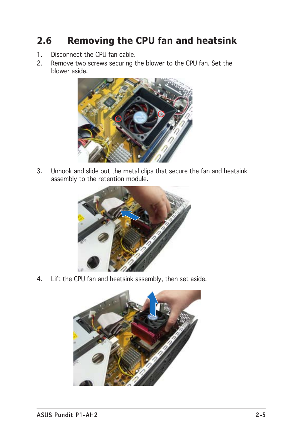 6 removing the cpu fan and heatsink | Asus P1-AH2 User Manual | Page 21 / 93