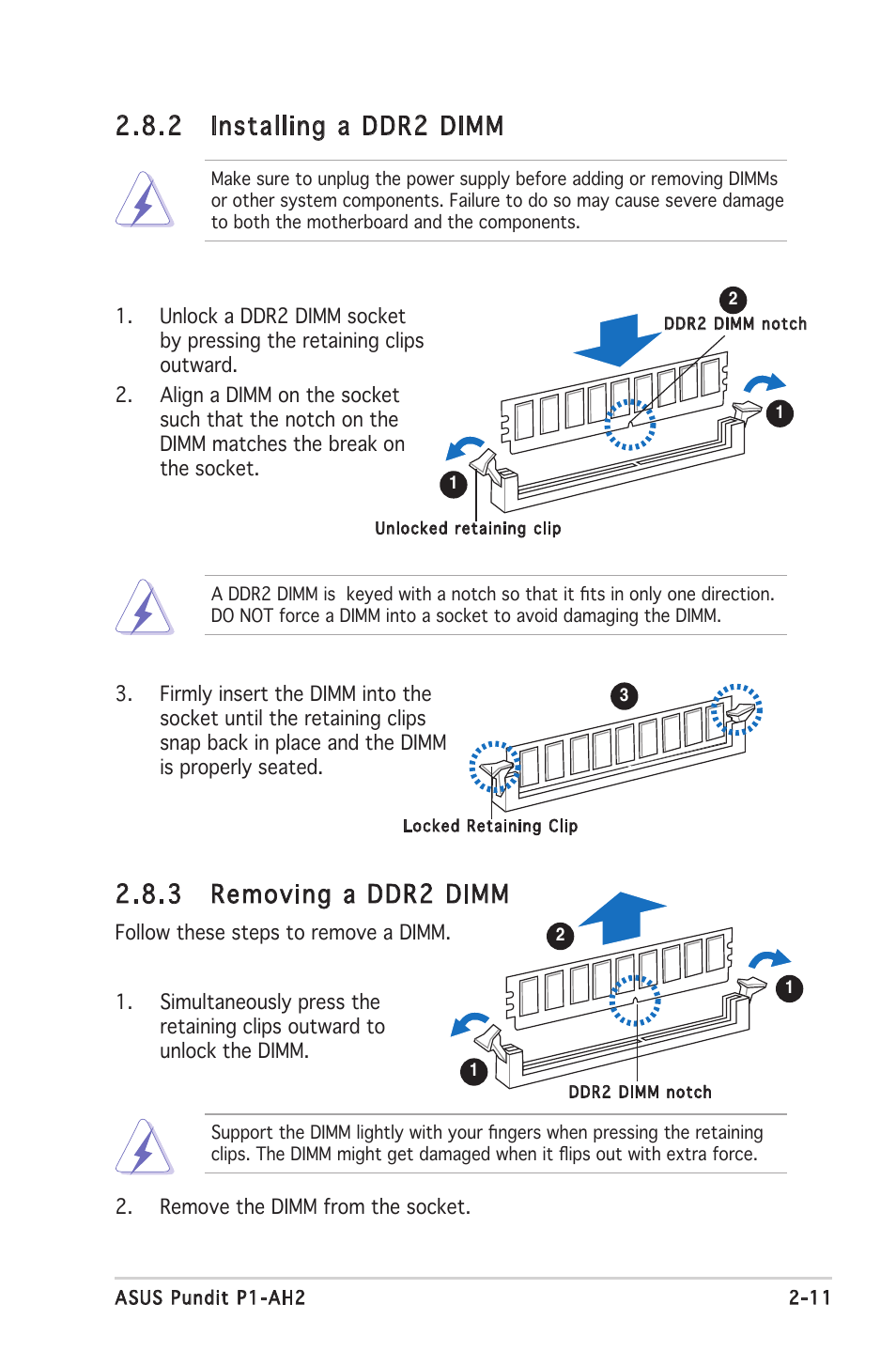 3 removing a ddr2 dimm, 2 installing a ddr2 dimm | Asus P1-AH2 User Manual | Page 29 / 93