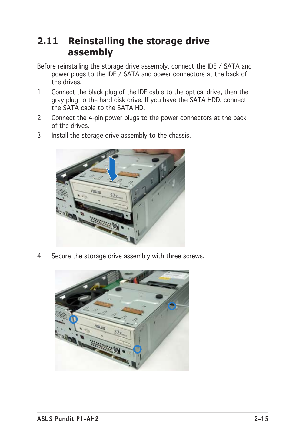 11 reinstalling the storage drive assembly | Asus P1-AH2 User Manual | Page 33 / 93