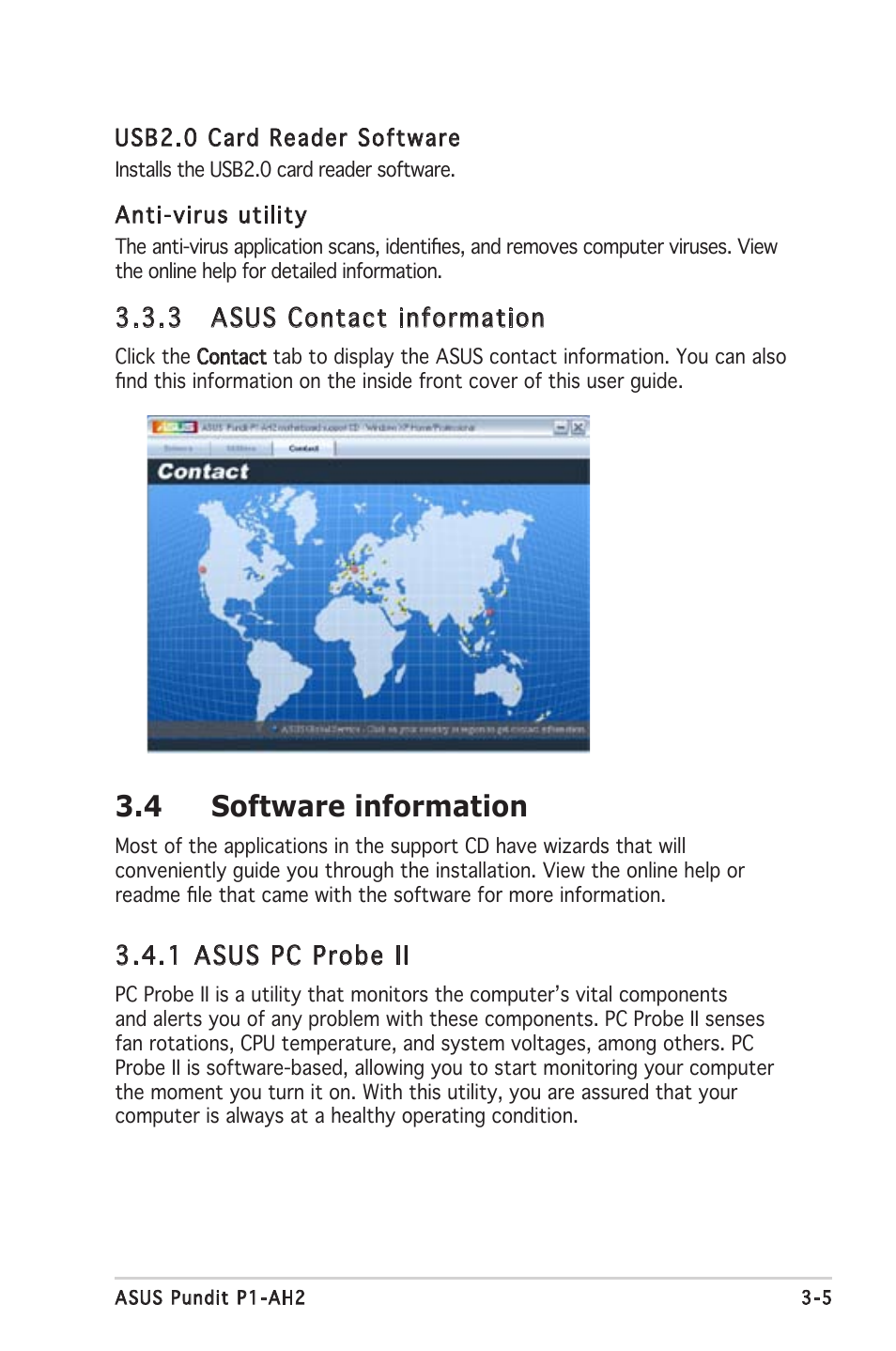 4 software information, 3 asus contact information, 1 asus pc probe ii | Asus P1-AH2 User Manual | Page 39 / 93