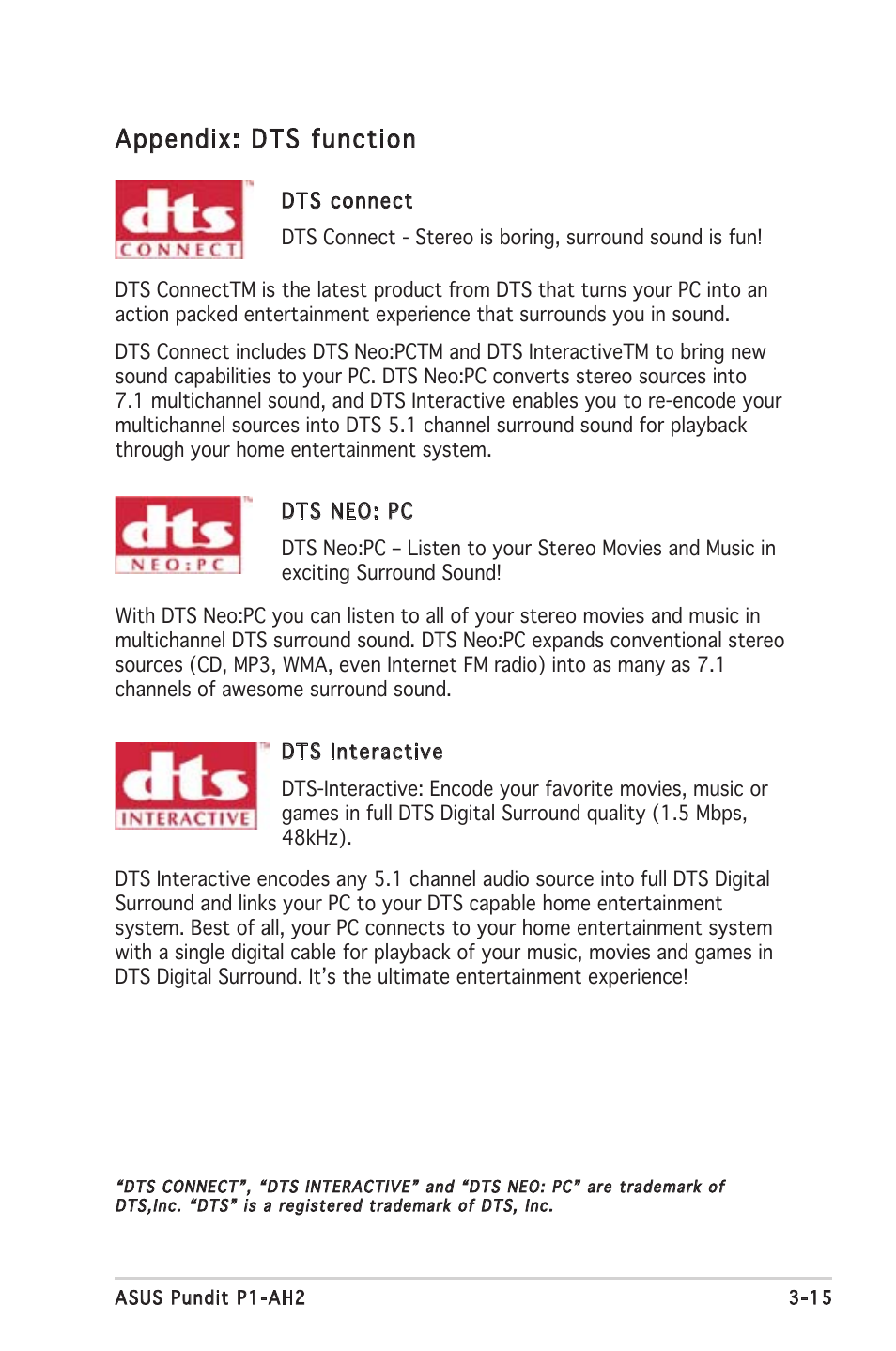 Appendix: dts function | Asus P1-AH2 User Manual | Page 49 / 93