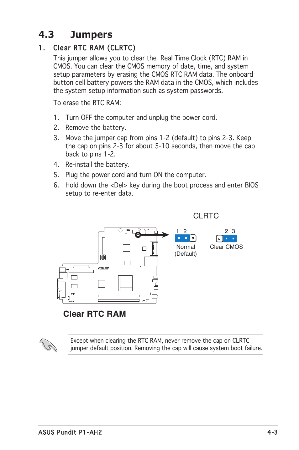 3 jumpers, Clear rtc ram | Asus P1-AH2 User Manual | Page 52 / 93