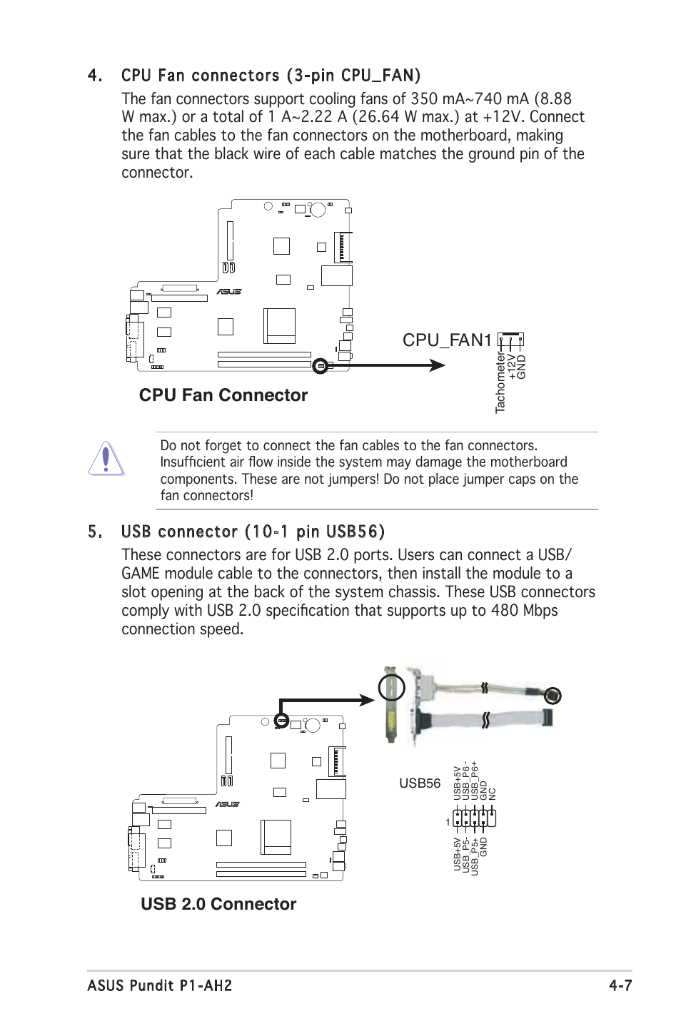 Cpu fan connector cpu_fan1, Usb 2.0 connector | Asus P1-AH2 User Manual | Page 56 / 93