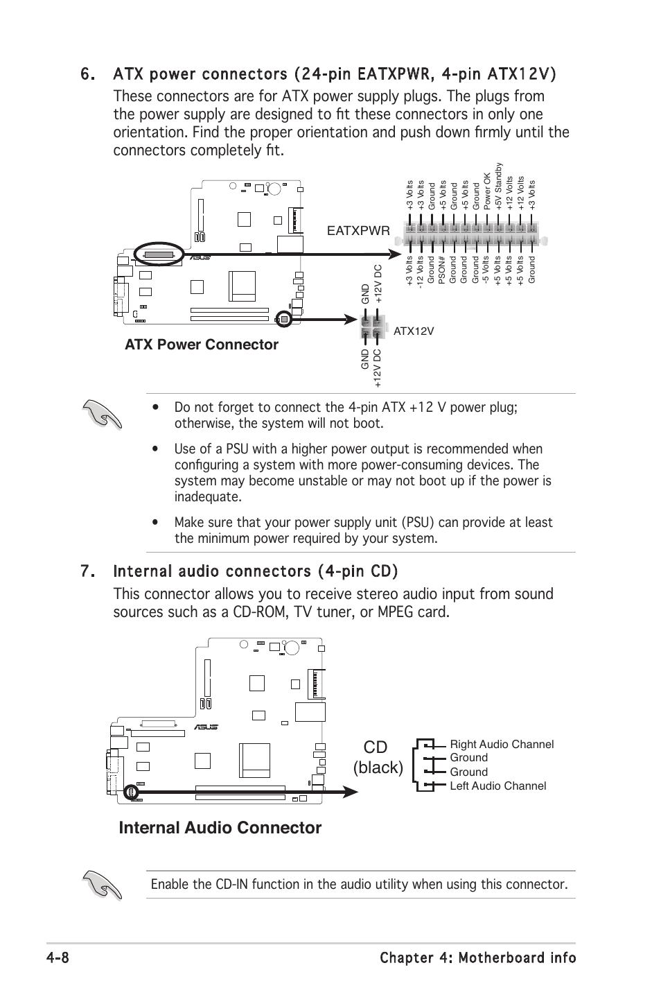 Internal audio connector cd (black), Atx power connector, 8 chapter 4: motherboard info | Eatxpwr | Asus P1-AH2 User Manual | Page 57 / 93