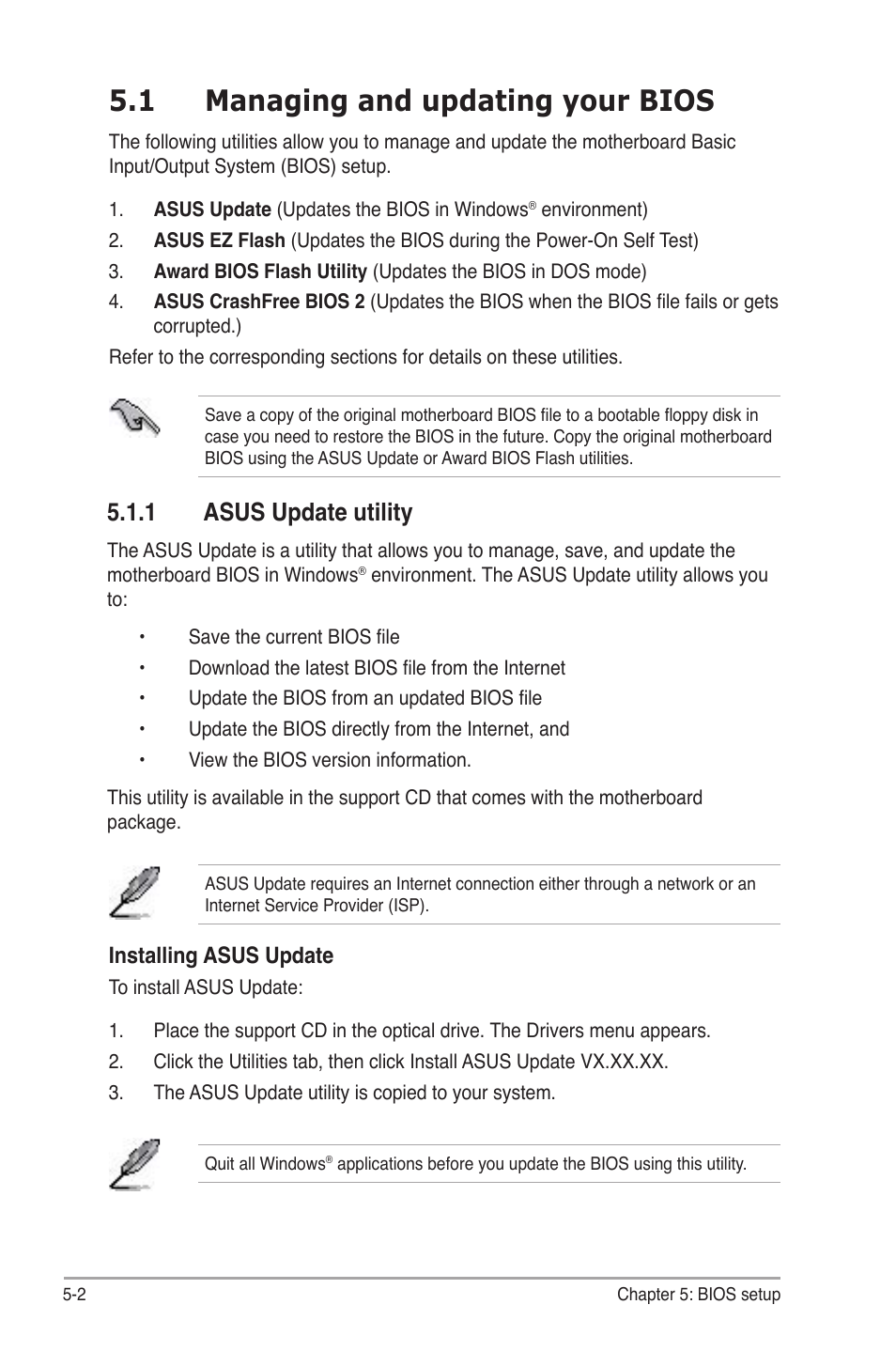 1 managing and updating your bios, 1 asus update utility | Asus P1-AH2 User Manual | Page 60 / 93