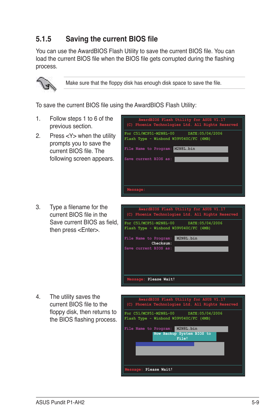 5 saving the current bios ﬁle | Asus P1-AH2 User Manual | Page 67 / 93