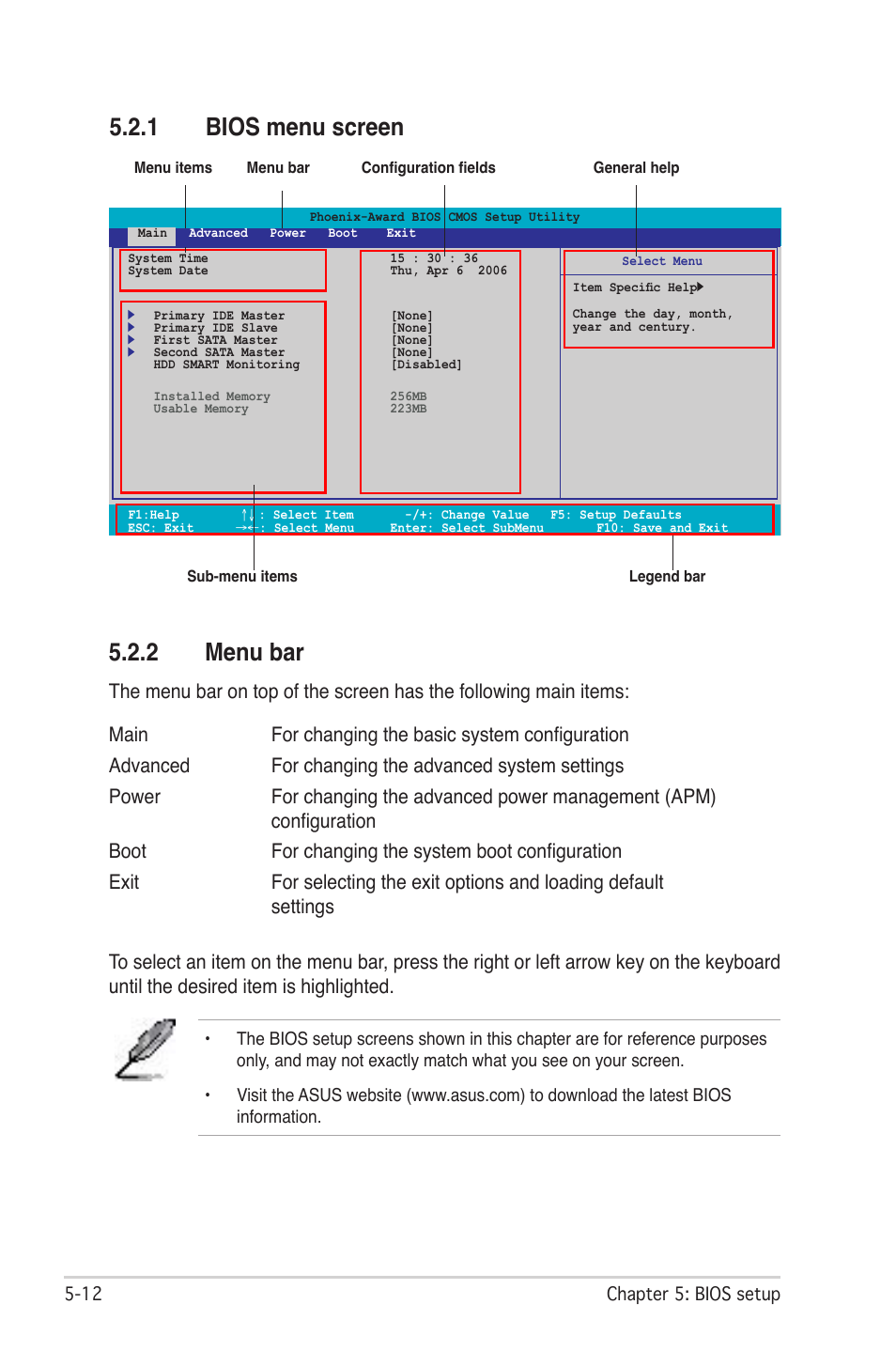 1 bios menu screen, 2 menu bar | Asus P1-AH2 User Manual | Page 70 / 93