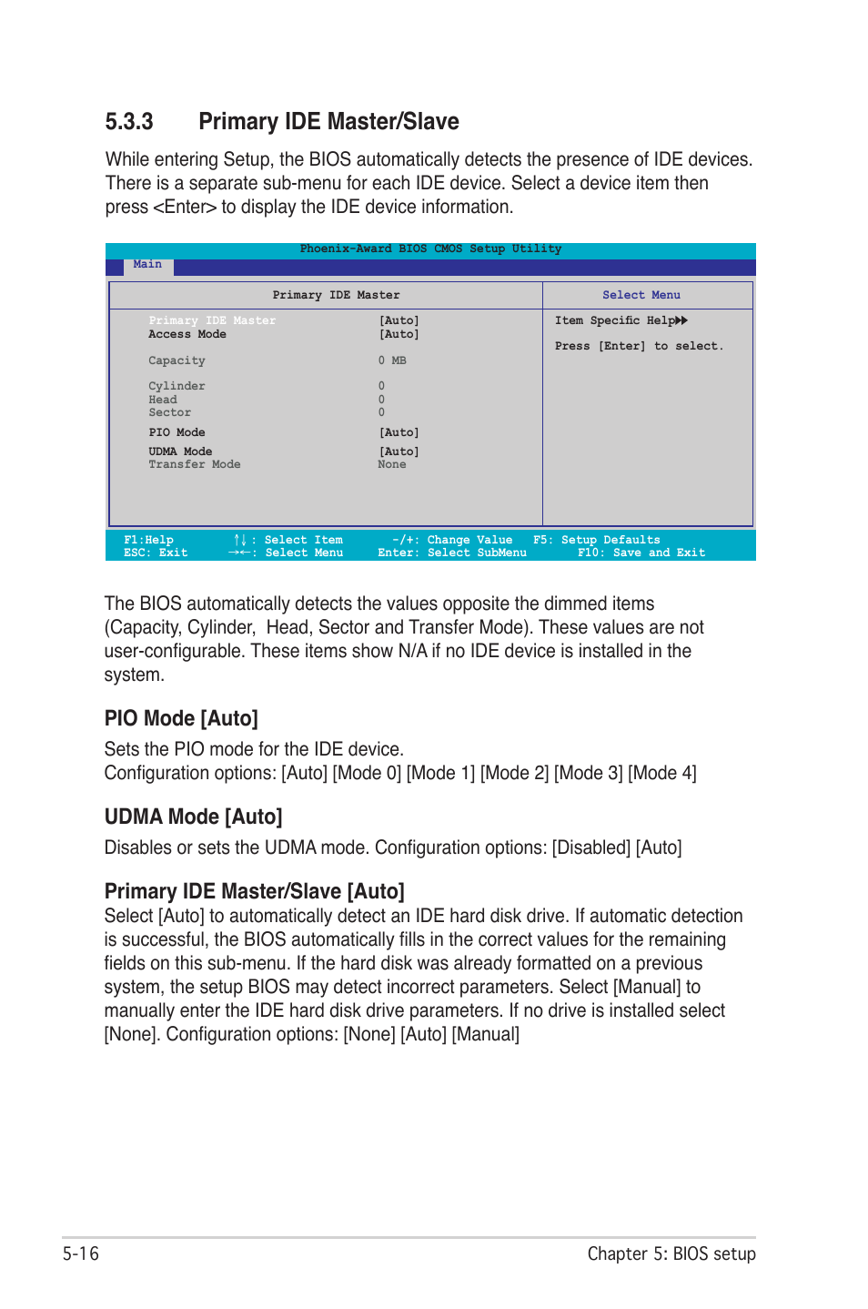 3 primary ide master/slave, Pio mode [auto, Udma mode [auto | Primary ide master/slave [auto | Asus P1-AH2 User Manual | Page 74 / 93